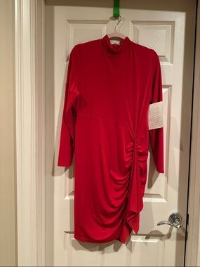Boston Proper Red Long-Sleeve Ruched Mini Dress